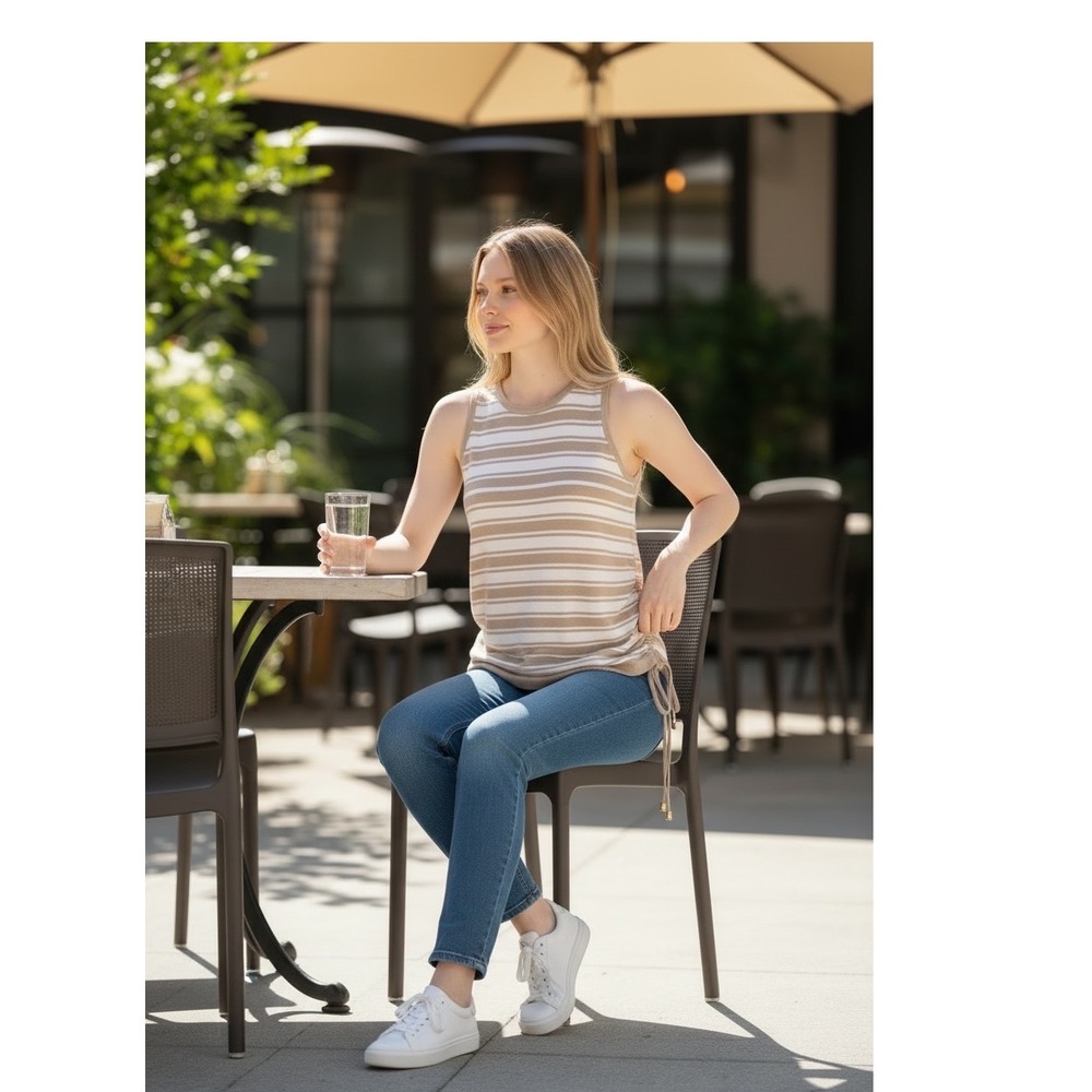 Michael Michael Kors Striped Ruched Side Knit Tank Top Dune Beige White Small